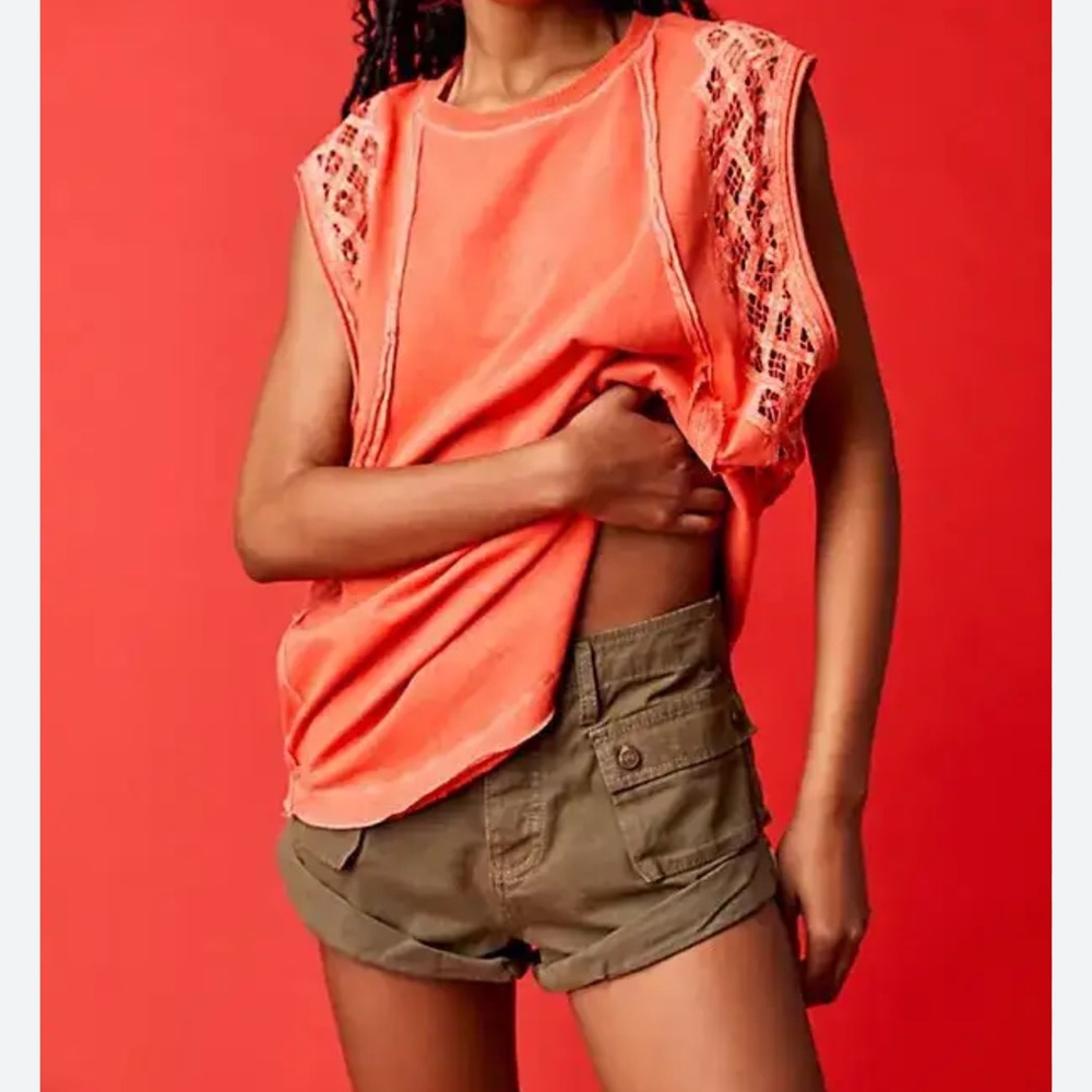 Free People Sleeveless Coral Lace 100% Cotton Oversized Sz XS Top LIKE NEW